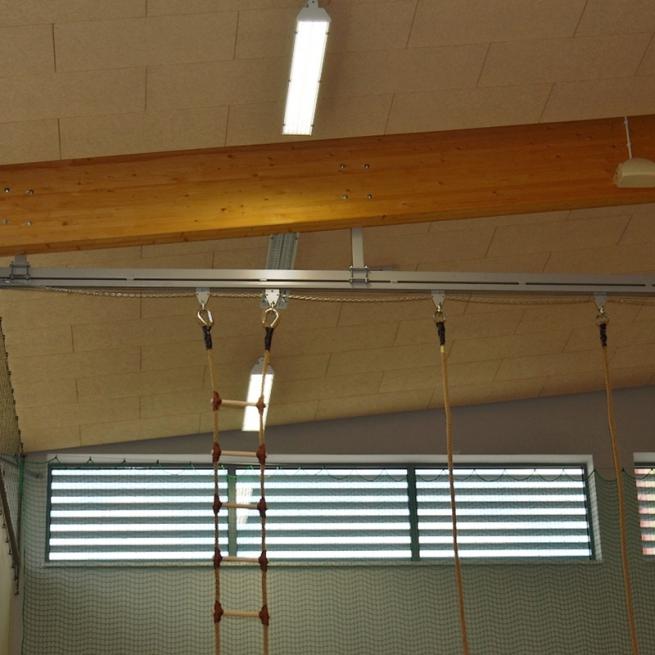 RAIL WITH A CARRIAGE UNIT FOR MOUNTING GYMNASTIC ROPES, ROPE LADDERS AND GYMNASTIC RINGS